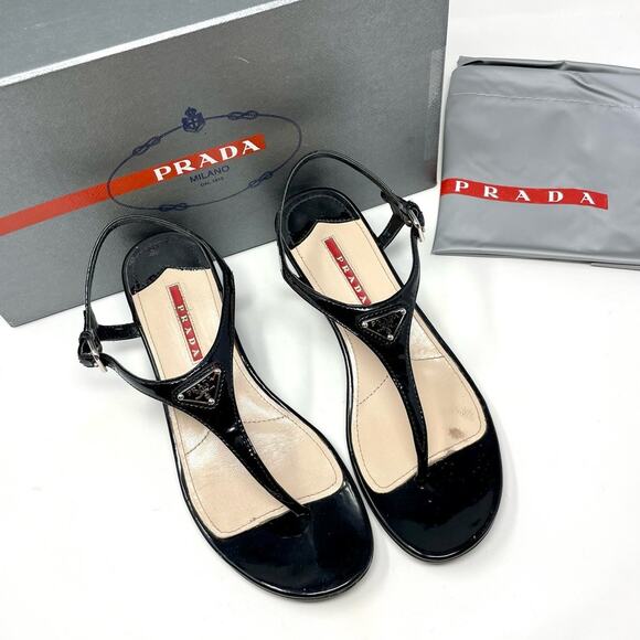 Prada Thong Wedge Sandals Triangle Logo Leather T-Strap Slingback Black EU 37.5 - Picture 1 of 13